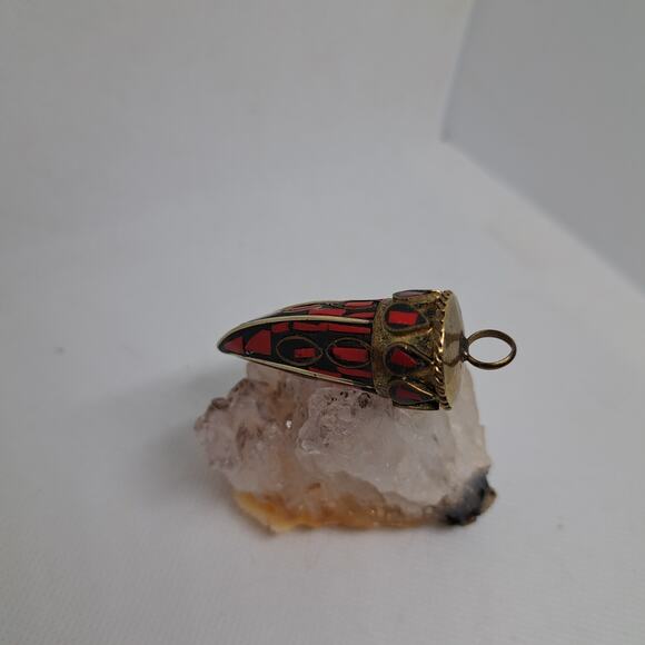 Tibetan Brass Red Coral Hand Inlayed Horn Tooth pendant 2 1/8" L x 3/4" - Picture 12 of 16